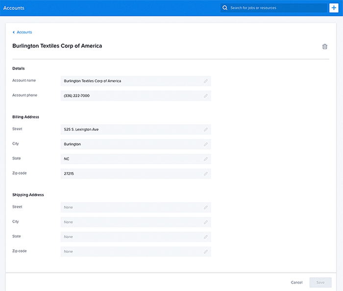 Viewing an account, in the data table.