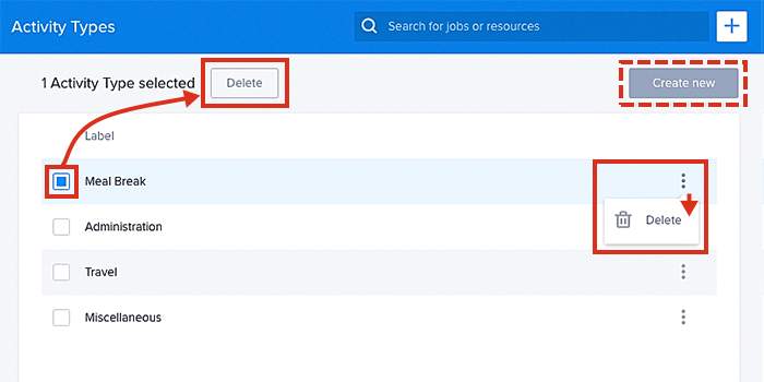 Viewing activity types in the data table.