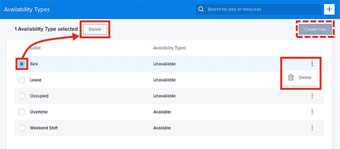 Viewing the data tables availability types list.