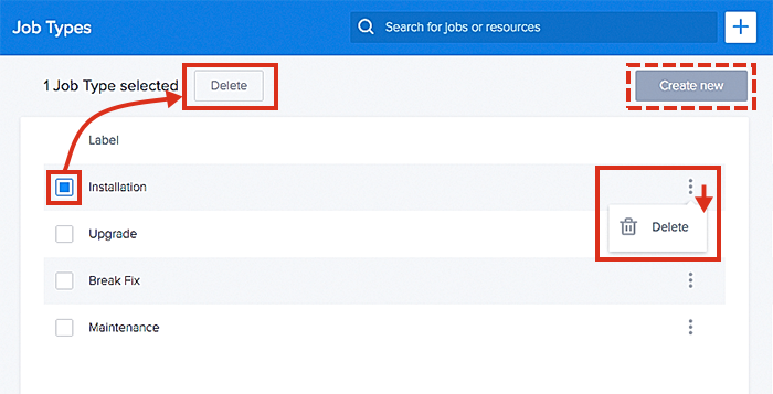 Viewing job types in the data table.