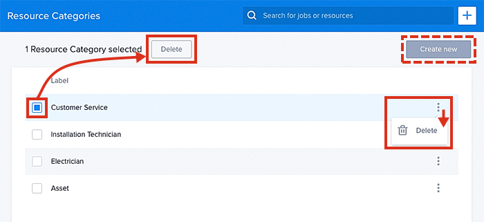 Viewing resource categories in the data table.