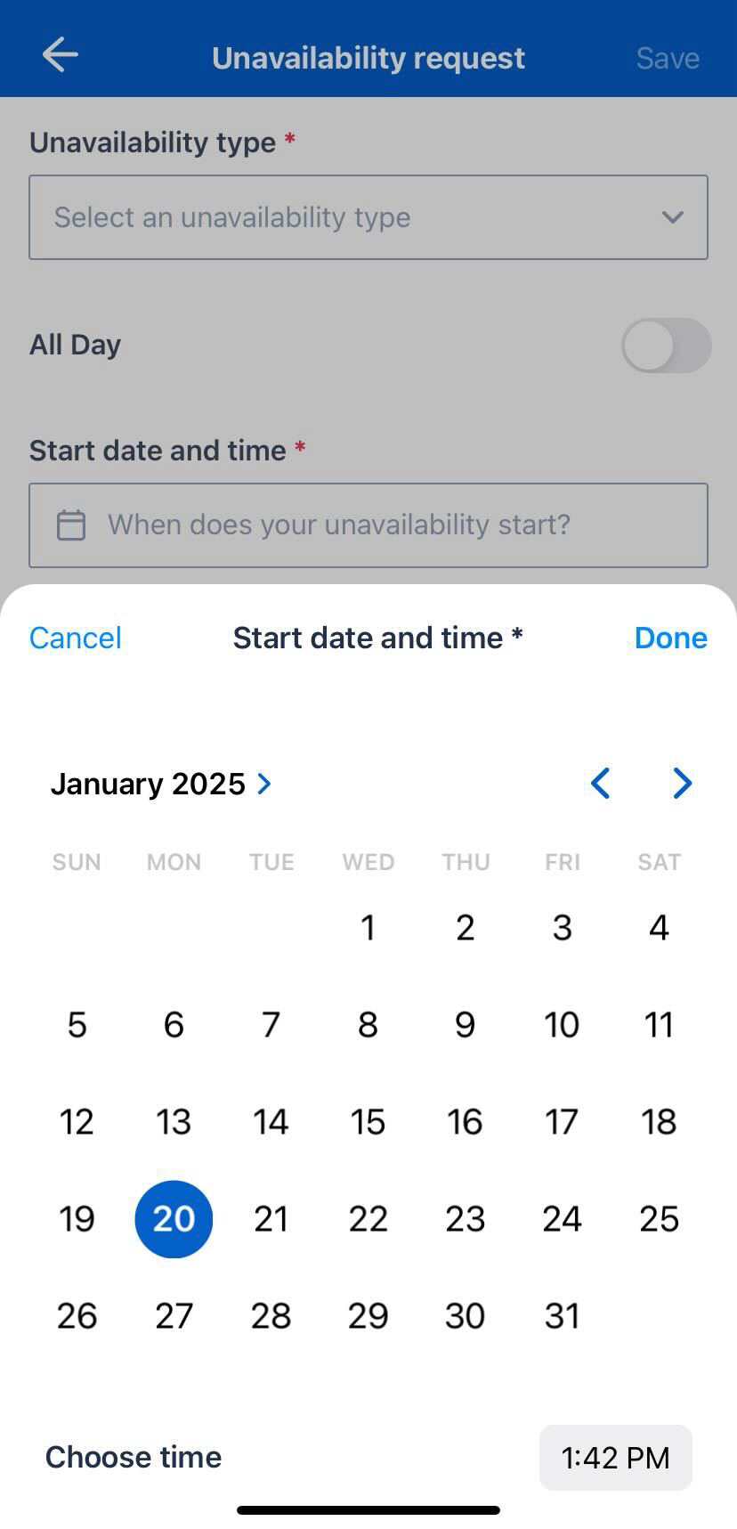 The unavailability date and time selector in the Skedulo Plus mobile app.