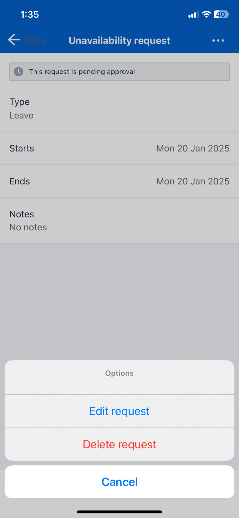 The options menu on an unavailability request showing the option to edit the time off request