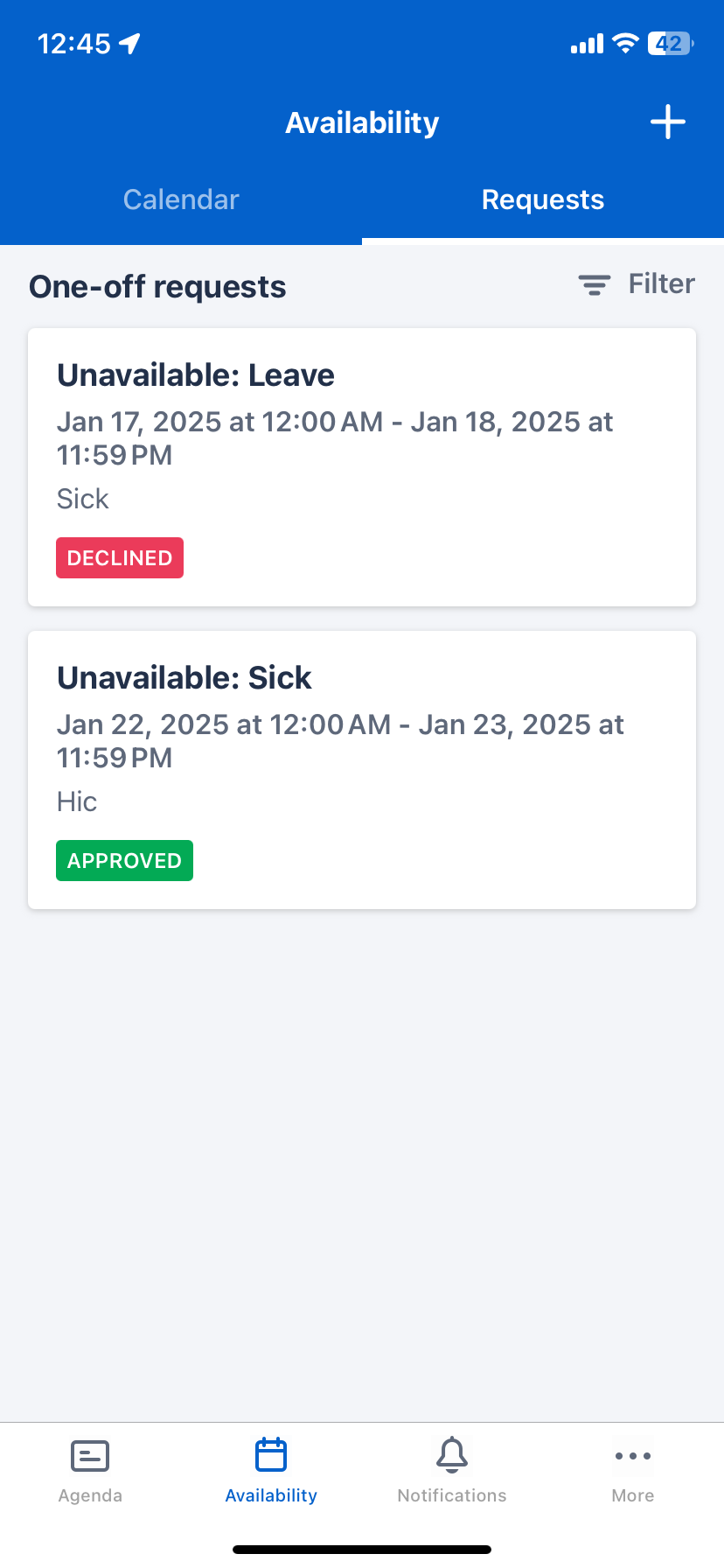 The unavailability requests filter button in the Skedulo Plus mobile app.