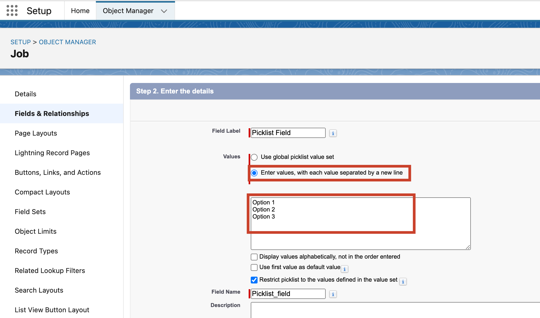 Step 2 of creating a custom field in Salesforces.