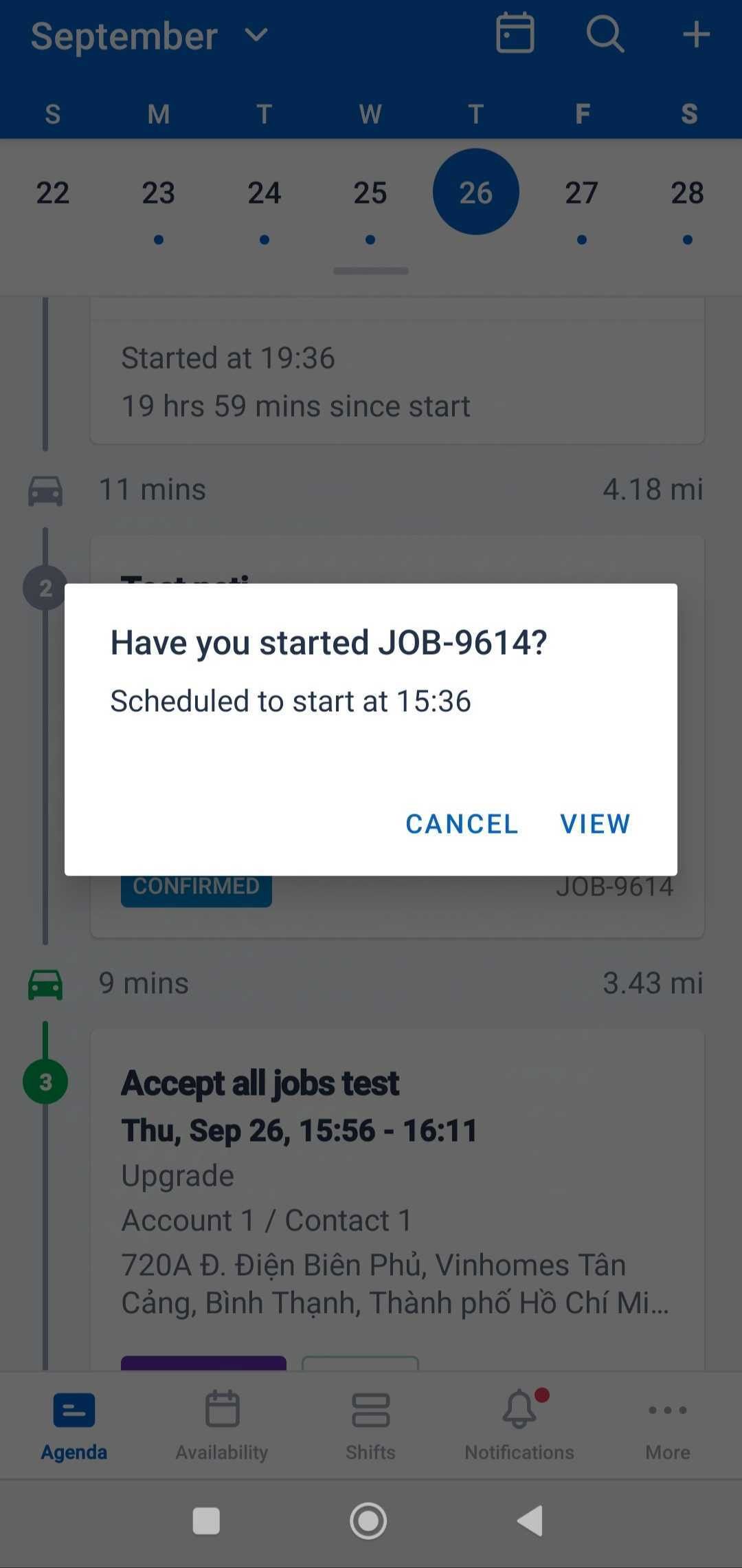 in-app notification to remind user to start the job