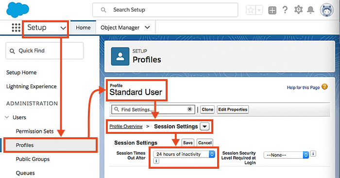 Changing the session inactivity timeout in Salesforce.