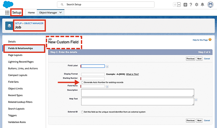 Creating a new auto number custom field.