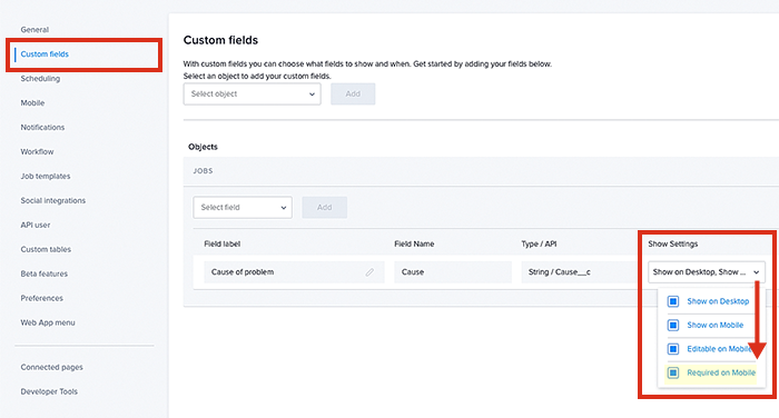 Making a custom field a required field for a job on the mobile app.