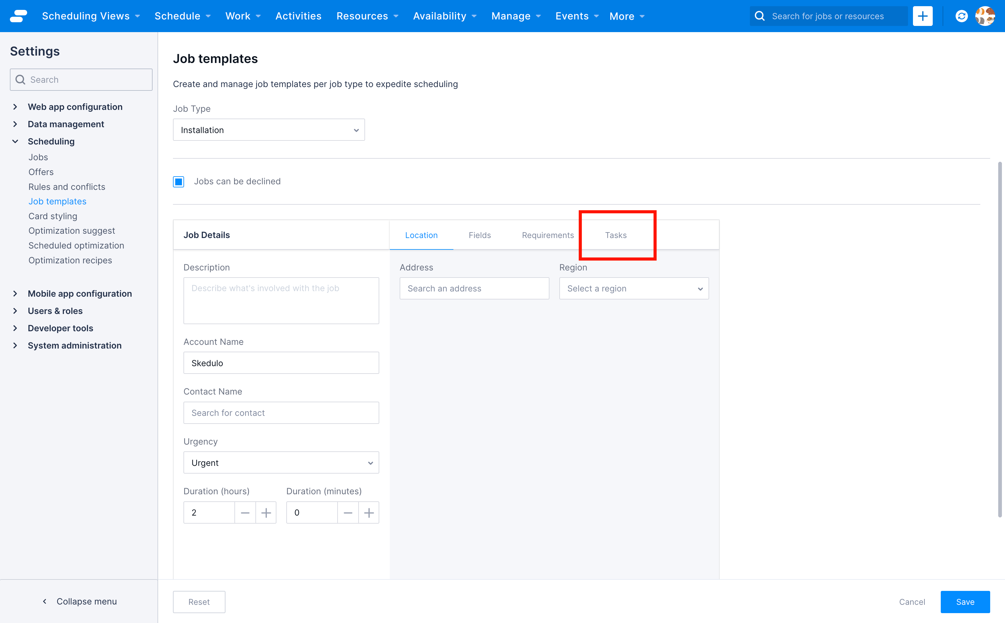 The task options of the job template settings.