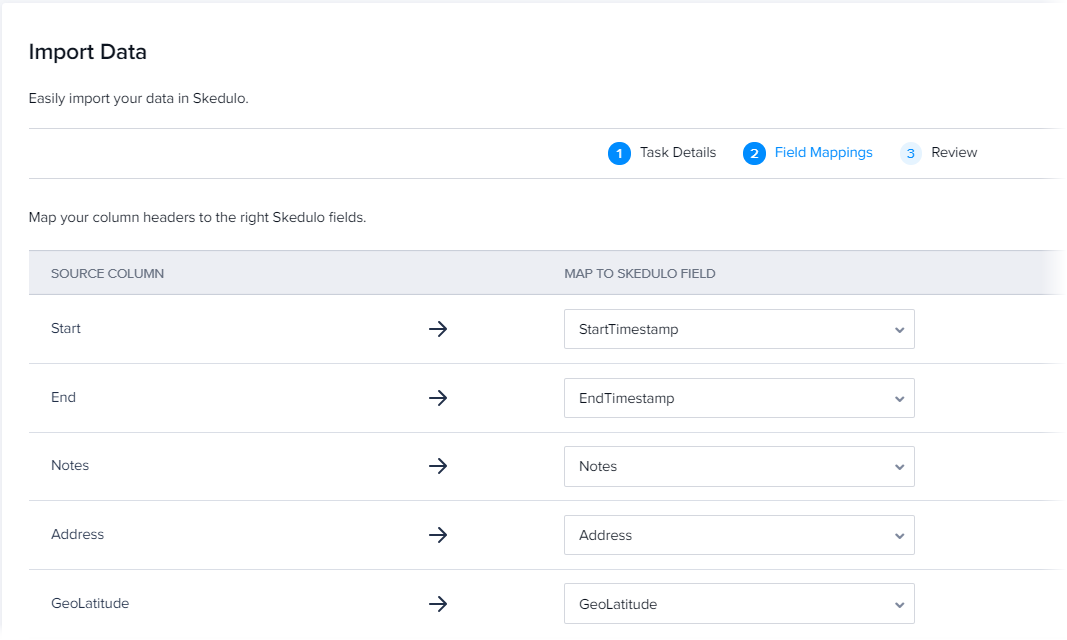 The Field Mappings stage of the Import Data page.