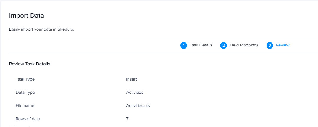 The Review stage of the Import Data page.