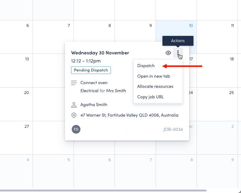 Screenshot of the job card on the calendar view