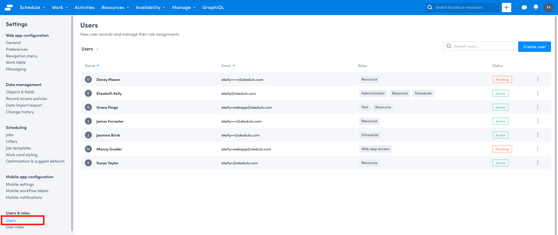 The User Settings page of the Skedulo web app.