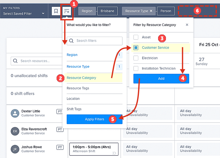 Applying a shift calendar filter to surface resources grouped by category.