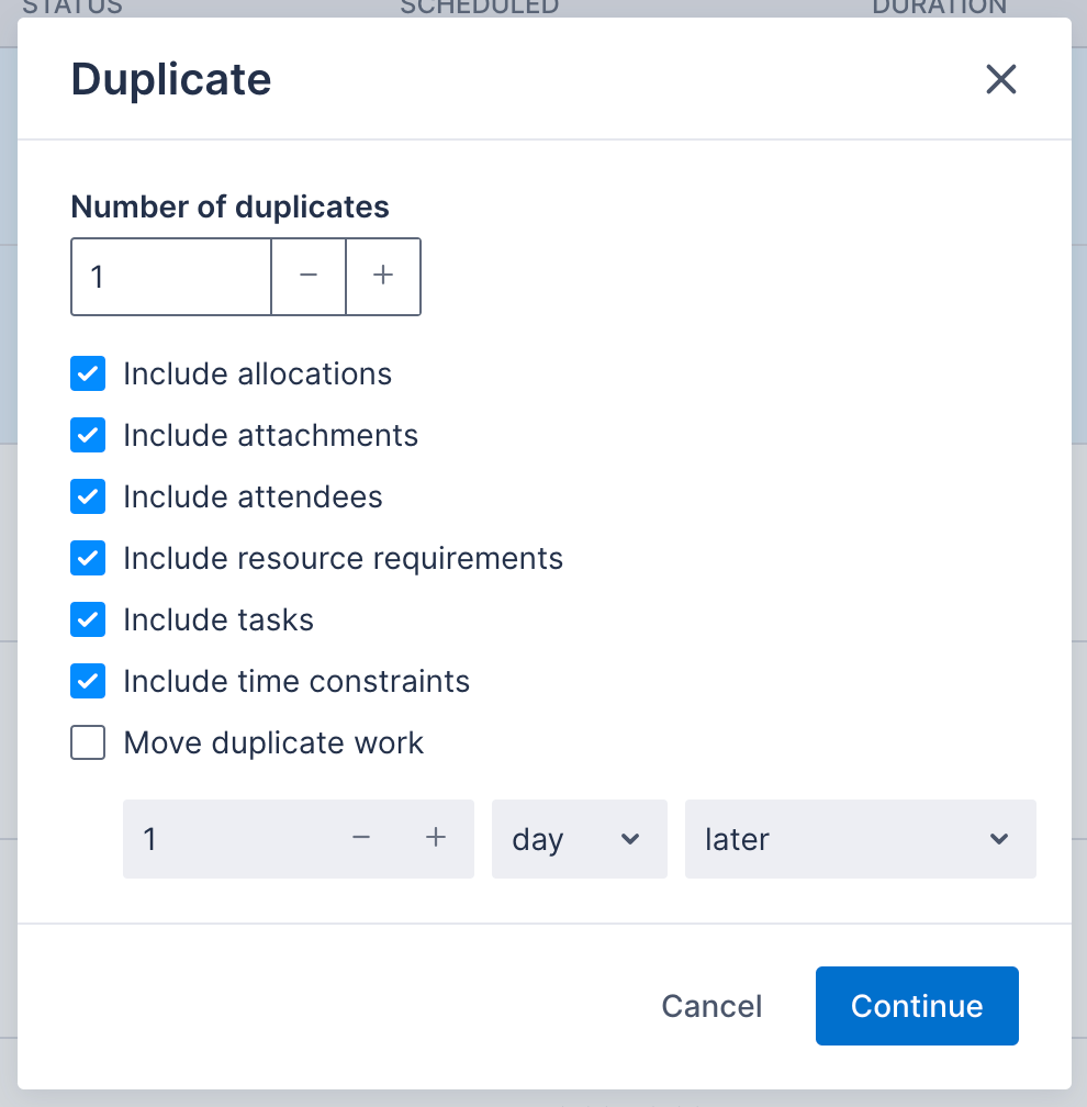 Duplication options shown in modal