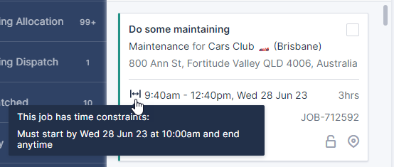 The time constraint tooltip visible on a work card