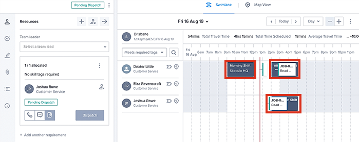 Viewing shifts in the job details view.