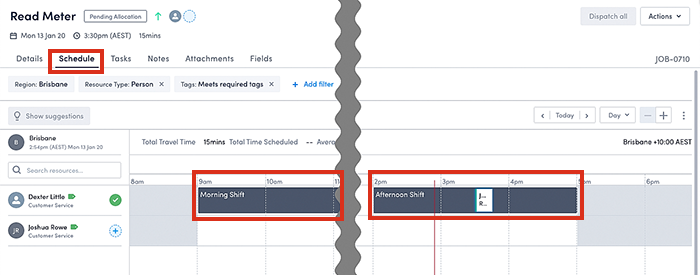 Viewing shifts on the job page.