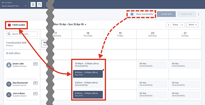 Viewing the shift calendar for a resource with working hours set to shift.