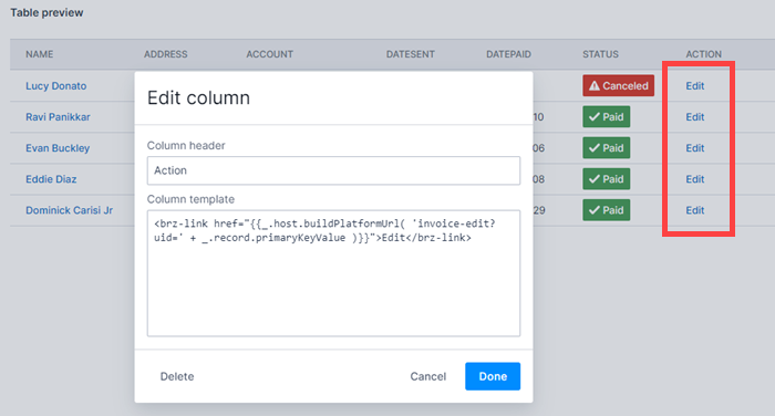 The Table preview overlaid with the Edit column modal showing the hyperlink code entered