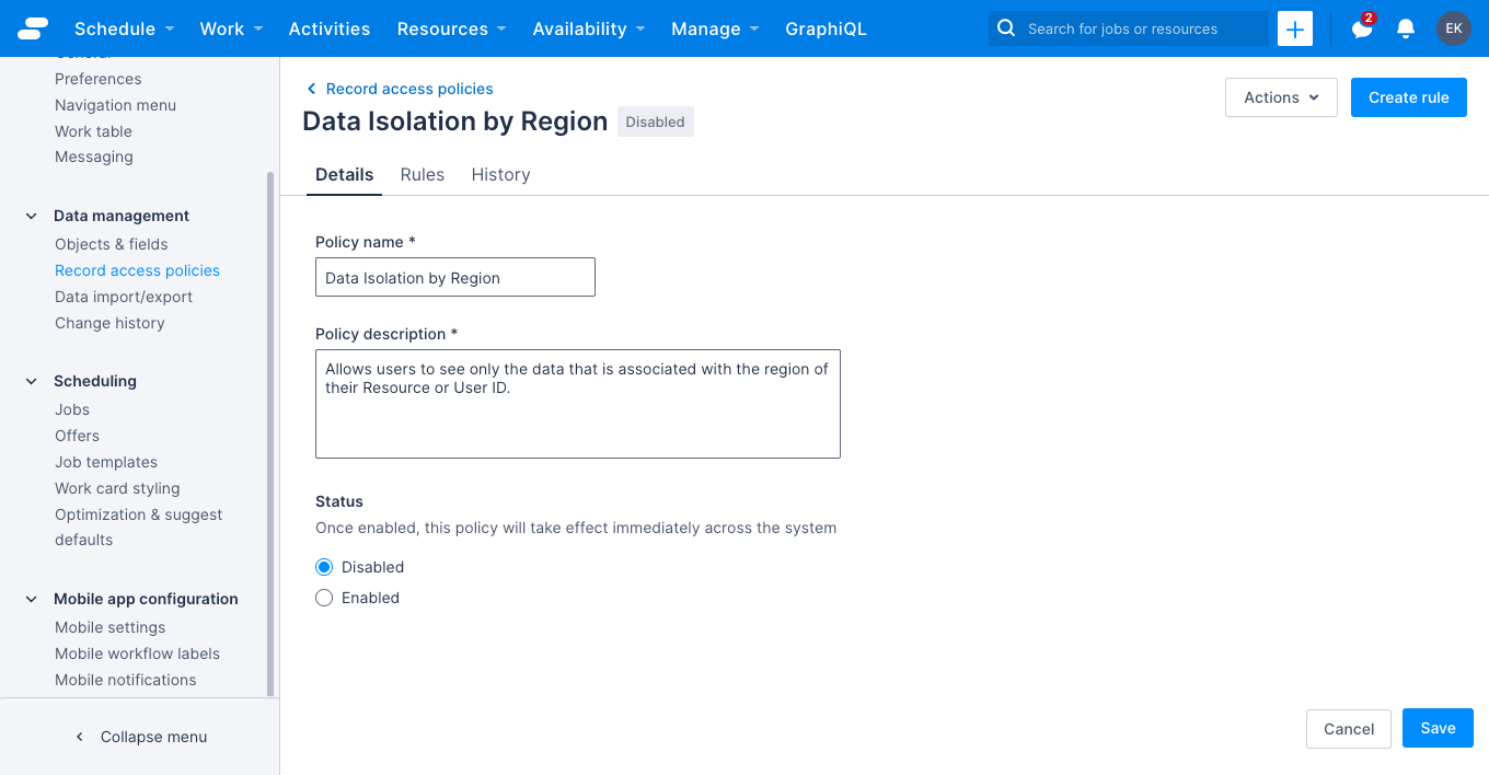 The record access policy details tab on the details pages.