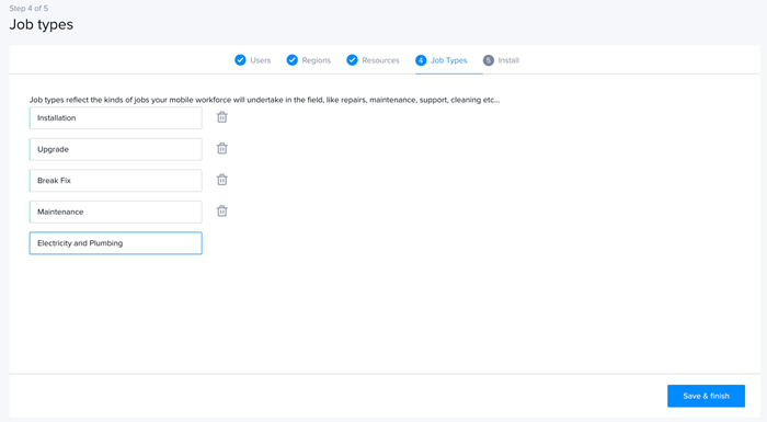 The job types configuration screen