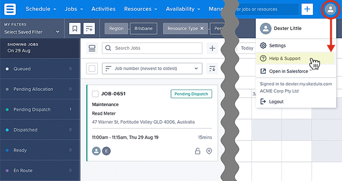 How to access Skedulo support via the user profile.