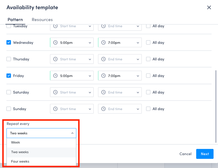 set repeating pattern interval