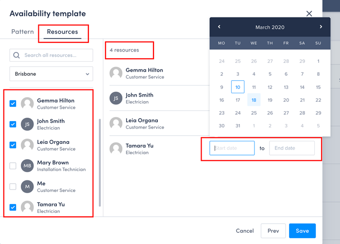 select resources for the availability template