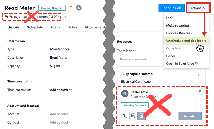 How to unschedule resources from a job on the job page.