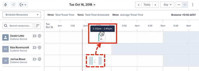 A job card is moved from one swimlane to another, to a different time.