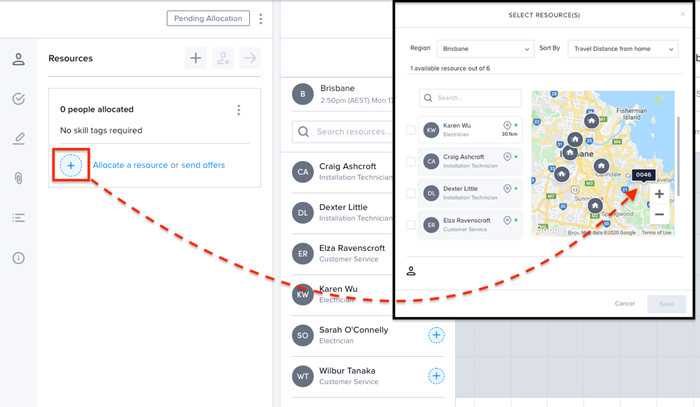 How to view the map from select resources modal in job details view.