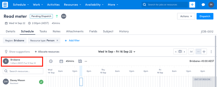 The job page showing a job allocated to a resource who is assigned to a secondary region.