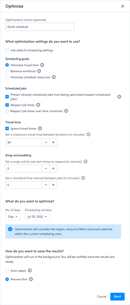 optimize modal, use default scheduling settings de-selected