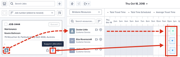 Selection of a job in the scheduling console, showing suggested time slots for allocation.