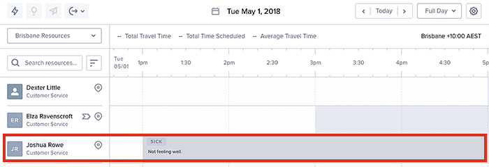 A resource as unavailable–sick in the scheduling console swimlane.