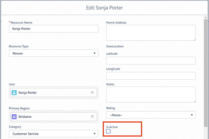 An example showing a resource record in Salesforce with Is Active unchecked.