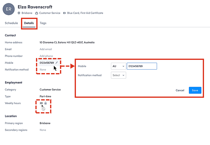 An individual&rsquo;s details in the resources console.