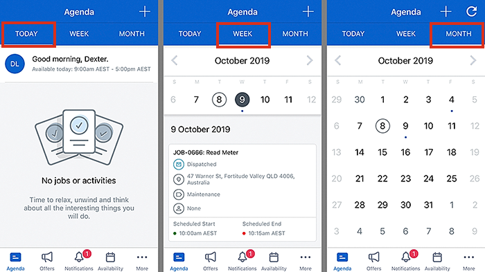 The today, week, and month views in Skedulo.