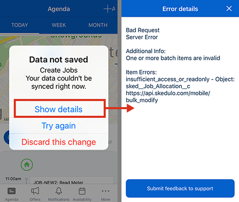 Trying to create a job on the Skedulo v2 mobile app but getting an error.