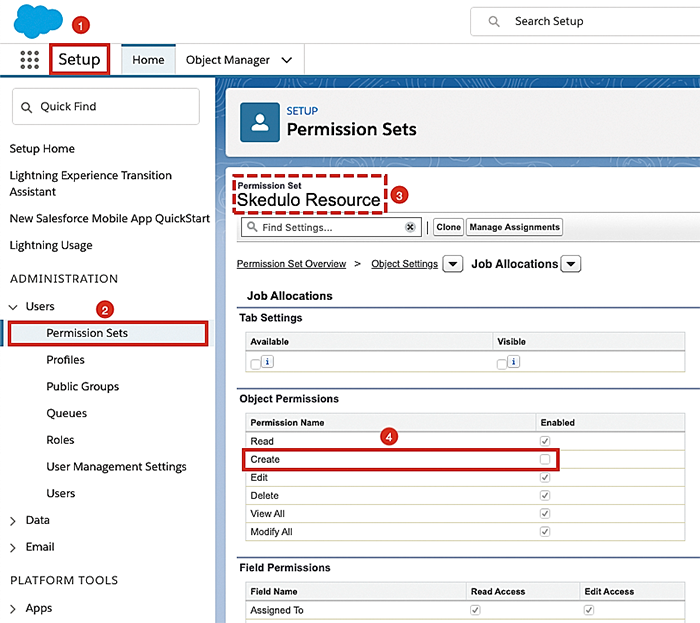 The job allocation object settings in the Skedulo resource permission set.