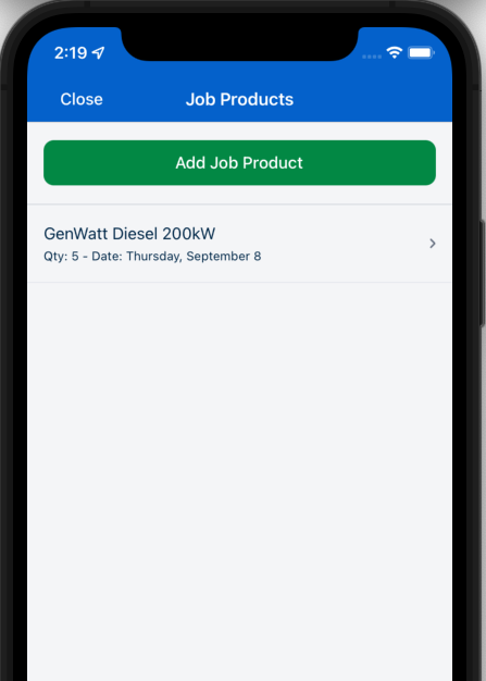 A screenshot of the Job Products mobile extension with a job product including the quantity