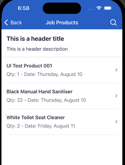 A screenshot of the Job Products mobile extension list page with a header title and description.