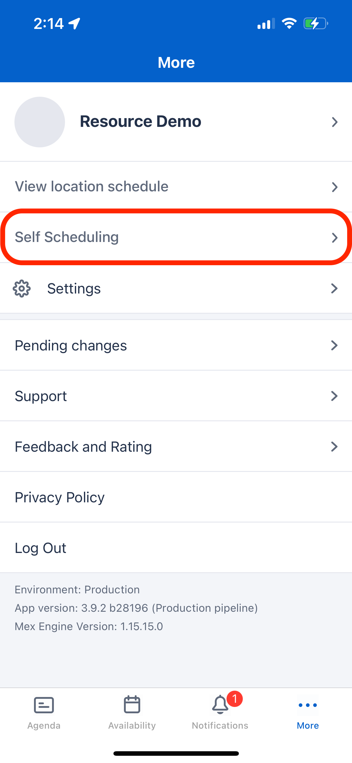 self-scheduling form in the more menu