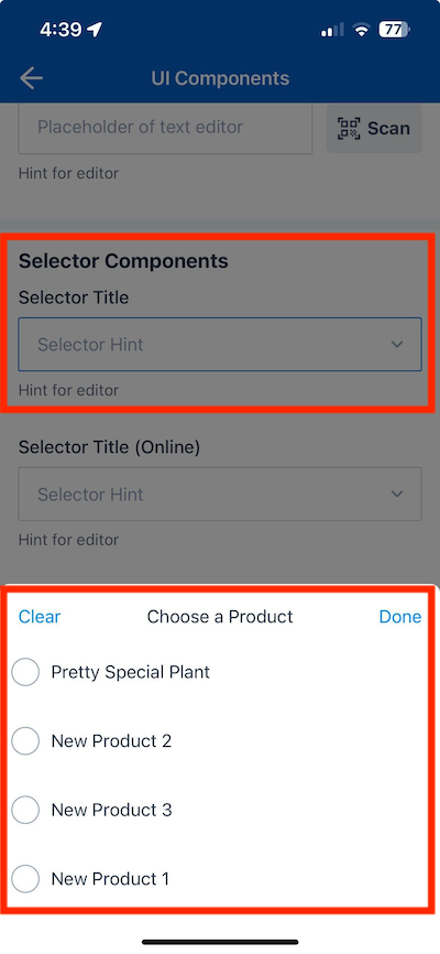 The selectEditor component referencing a list of products in the extension.