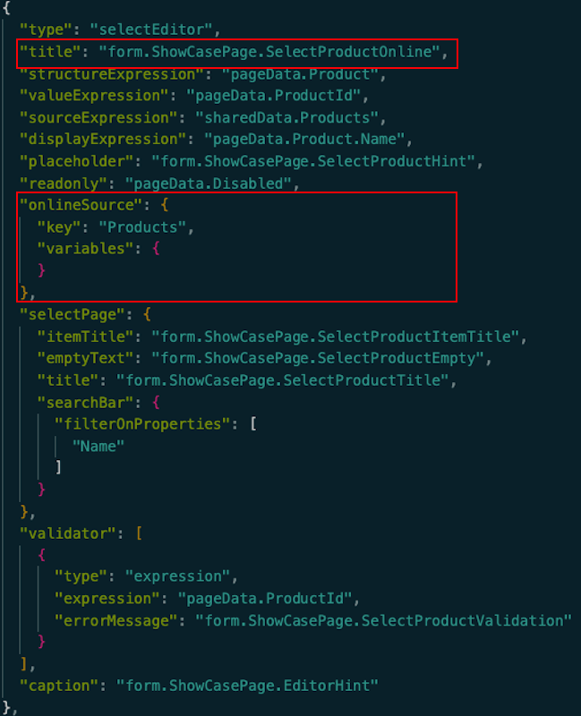 The selectEditor online configuration in the ui_def.json file