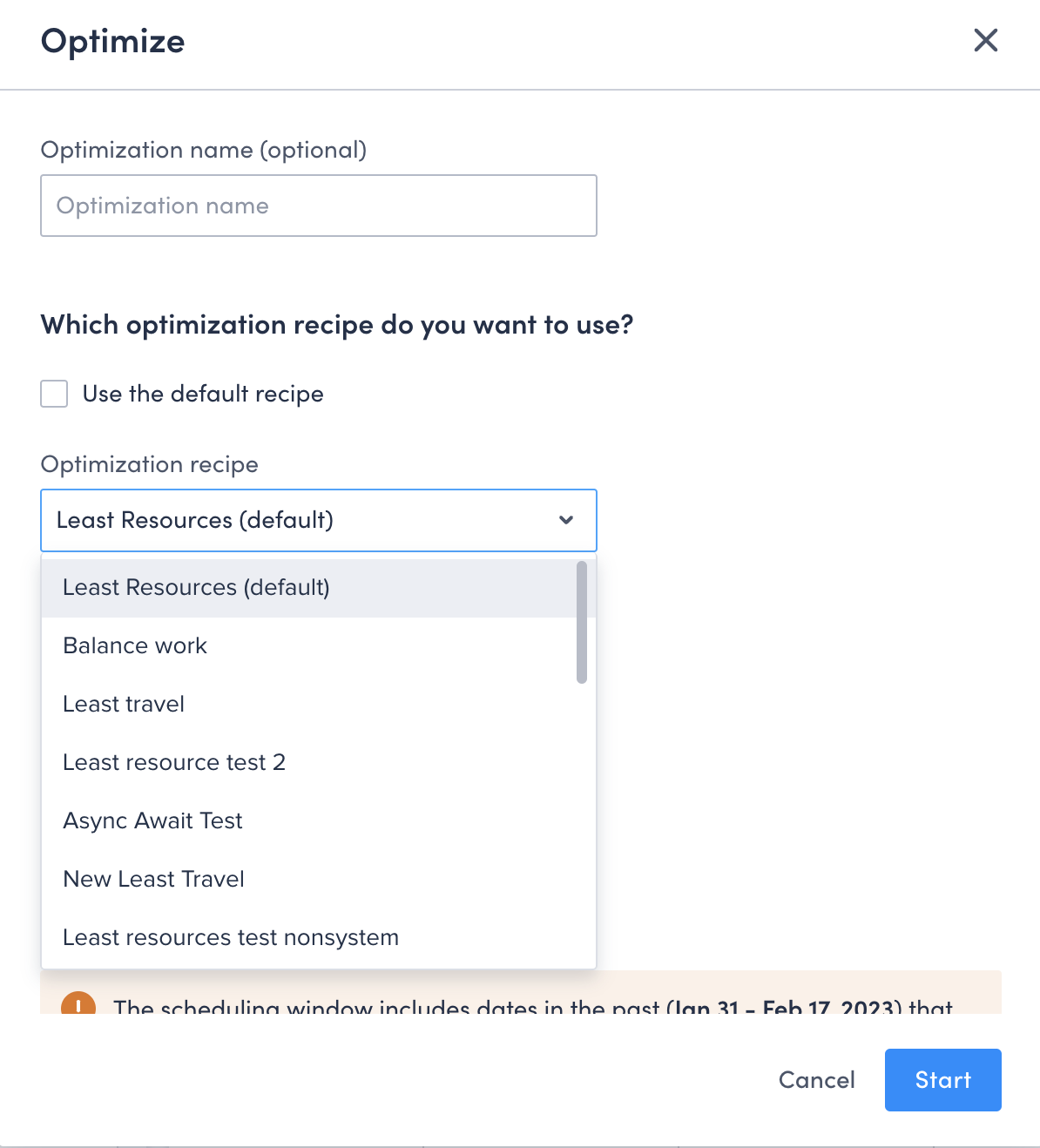 The Optimize modal open on the swimlane