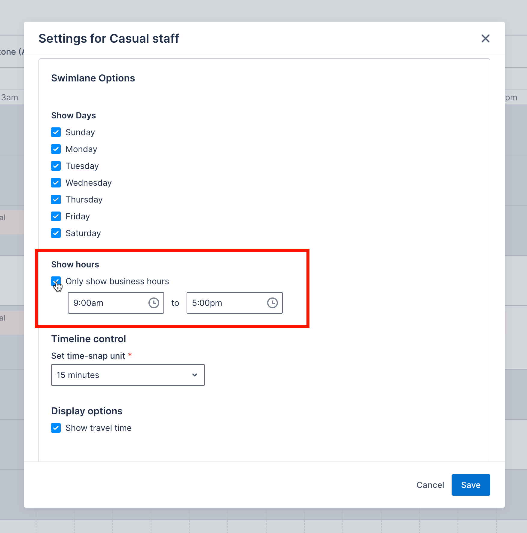 The Show hours option in the swimlane settings with Only show business hours selected.