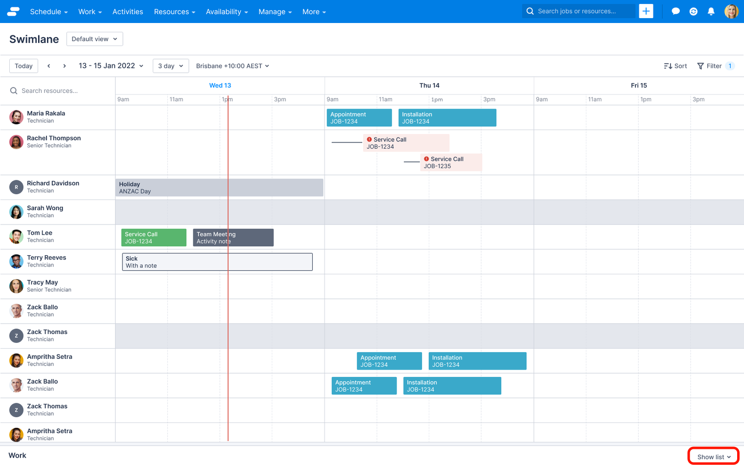 The swimlane with the option to show the Work list highlighted.